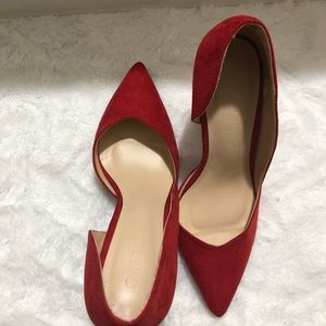 Red Wild Diva closed toe faux suede heels